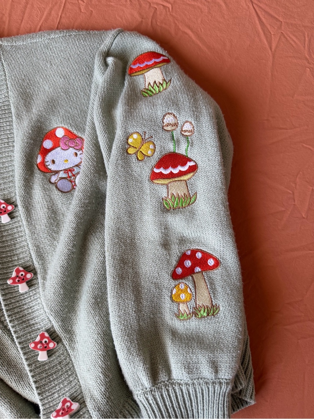 Hot Topic Sanrio Hello Kitty Mushroom Embroidered Knit Cardigan Size Small - Picture 7 of 11